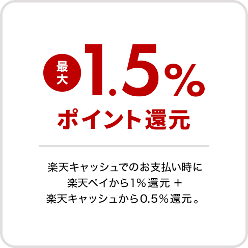 最大1.5%ポイント還元　楽天キャッシュでのお支払い時に楽天ペイから1%還元＋楽天キャッシュから0.5%還元。